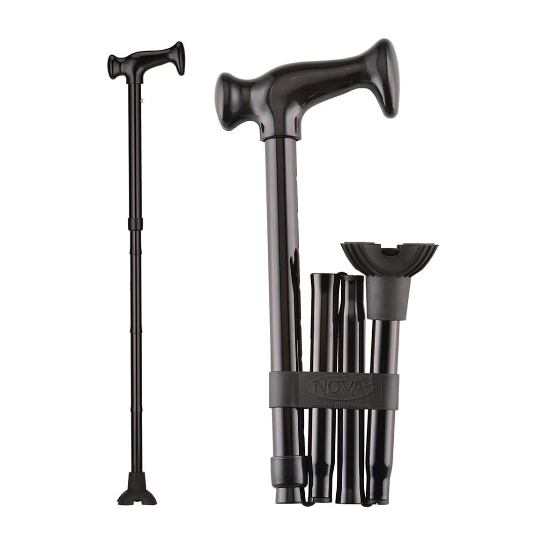 The Nova Folding Walking Cane with Wood Grip Handle & Quad Tip is shown fully assembled on the left and folded on the right. This cane offers an ergonomic wood handle and quad-tip base for enhanced stability when traveling.